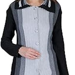 Women Woolen Double Collar Multicolour Cardigan Daffodil Fabric Winter Wear Pure Wool Cardigan for Women Free Size Long Cotty Warm (BlackGrey, M)-image-37
