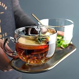 OM RADHEY Glass Cup Set | 450 ml Tempered Glass Cups with Handle | Transparent Tea, Coffee, Milk Mugs | (Set of 4) Green Tea Mug, cappuccinos/Espresso Cup, Soup Bowl Jumbo/Big Milk Glass Cup-image-17