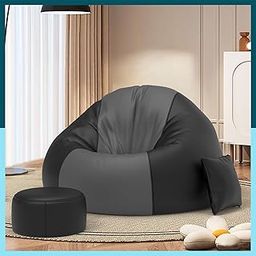 BiggieBean 5XL Bean Bag Chair with Beans Filled - Bean Bag Sofa with Footrest Dark Grey Black Bean Bags for Living Room, Bedroom - Free Cushion & Footrest - ColorFlex Lounge Combo - Faux Leather-25