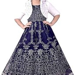 Kids Georgette Flared Gown for Girls Navy with Fur Jacket Blue 12-13 Year-image-44