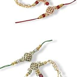 Designer Bhaiya Bhabhi Rakhi Set with Pearls and Kundan, Red and Green Traditional Thread, Gold-Plated-image-55