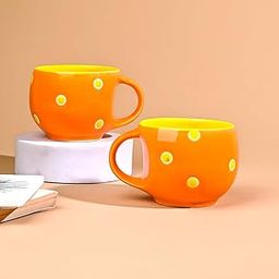 STOREPEDIA Ceramic Tea Cups Set of 2, 150ml Dotted Pattern Tea & Coffee Mugs Ideal for Daily Use Gifting Tea/Coffee Mug (Orange -Yellow)-image-56