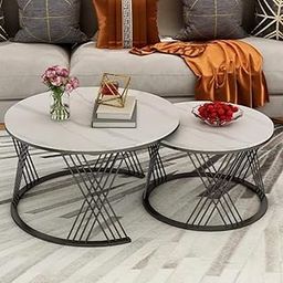 ELEVATION Round Coffee Table Set of 2 Marble Look Stackable Tea Table or Center Tables with Metal Frame for Living Room Bedroom or Apartments (Black White)-image-64
