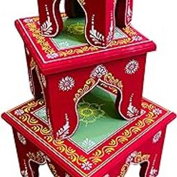 Noor Antique Designs Decorative Wooden Display stools choki Stand Set, 3-Tier Traditional Hand Painted, Red with Floral Design bajot rajsthani set of 3 pcs 10x10 8x8 6x6 size in inches-image-38