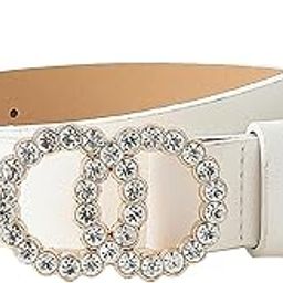 PU Leather Belt Rhinestone Waist Round Buckle Belt -White-9