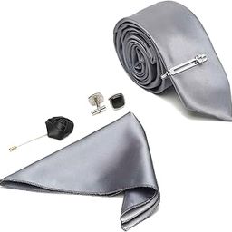 Mens Plain Solid Silk Suit Necktie Set Brooch Chrome Tie Pin Cufflinks Pocket Square (Czech) (LSTE-PL-CP)-image-4