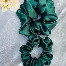 Soft Silk Satin Scrunchies Hair Ties, Anti Hair Breakage, Organza Floral Multi Colour, Regular + Large, Bottle Green-image-2