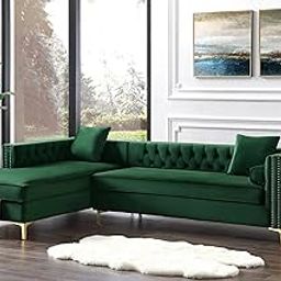Duex Furniture Velvet Chesterfield Left Facing L Shape 6 Seater Sofa Set for Living Room | 6-Person Modern Couch with Metal Legs | Comfortable Sofa Set for Home & Office | Leg Assembly Required, Green-image-9