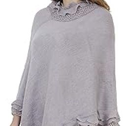 Women Girls Woolen Round Neck Solid Plain Frill Poncho for Winter (XL, Grey)-picture-41