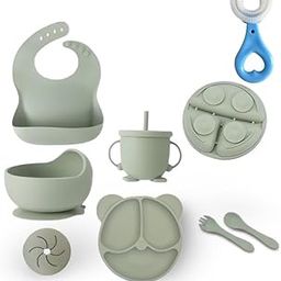 TOT NEST Silicone Baby Feeding Set, Microwave & Dishwasher Safe Weaning Utensils for Babies/Kids with Suction Bowl, Plate, Cup, Straw & Snack Lid, Spoon, Fork, Bib (Green) | Free U Shaped Toothbrush-picture-7