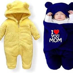 NAMAN Hooded Baby Blanket for Mild Winter + Baby Romper for Boys & Girls (0–6 Months) – Pack of 2Pc Yellow&Navy-image-71