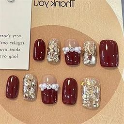 Set of 24 Artificial Reusable Nails in Golden And Maroon With Pearl And Glue (Maroon, Medium)-picture-2