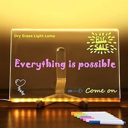 3D Acrylic Dry Erase Board with Light up Dry Erase Board with Stand as a Glow Memo LED Letter Message Board with 13 Pens (20X30 CM)-70