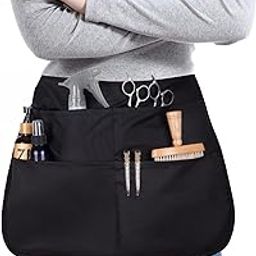 Waterproof Hair Stylist Apron with 5 Pockets, Professional Speed Cleaning Apron Server Apron Bleach-proof Half Waist Apron for Salons, Cosmetology & Groomers, Black, One Size-image-115