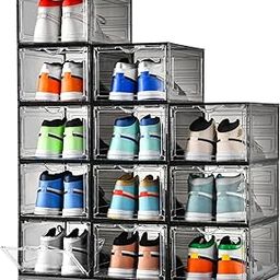 Clemate Upgraded X-Large Shoe Storage Box,12 Pack,Shoe Box Clear Plastic Stackable,Drop Front Shoe Box with Clear Door,Shoe Organizer Containers For Sneaker Display,Fit up to US Size13, Ashy-11