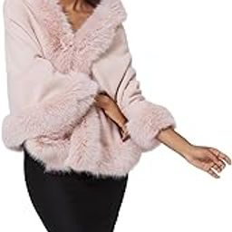 Faux Fur Shawl Wrap Women Cape Poncho Cloak with Faux Fur Trim Winter Sleeveless Cardigan Coat for Party Wedding, Pink, One Size-image-26