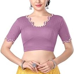 Stay On Trend: Latest Fashion Readymade Blouses for Women,Scallop Style Cut-Out Neckline and Elbow Sleeves Adorned with Swarovski and Beads Embedded All Over The Blouse.-image-66