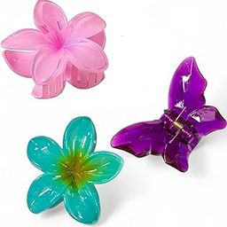 Conjoin Floral Hair Claw Clips, Set of 3 Large Clips for Women, Multicolour Plumeria and Butterfly Design, 6 cm-image-71
