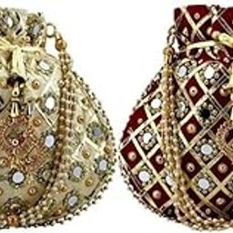 Shubhkariya Multicolor Rajasthani Ethnic Women's Girls Potli | Designer Rajasthani Style | Royal Clutch Silk Potli Batwa Bag | Beads Work Bridal Purse | Gota Patti Potli Purse-0