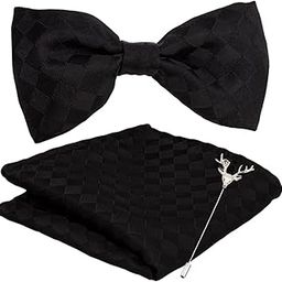 Men's Microfiber Black Checks Bow Tie & Pocket Square with Lapel Pin-image-47