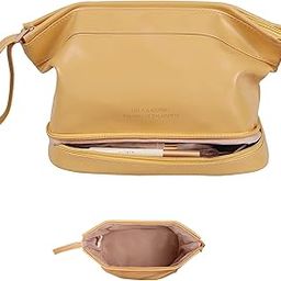 BONIRY Double Layer Travel Makeup Bag - Large PU Leather | Waterproof Travel Toiletry Bag, Portable Versatile for Travel Cosmetic Bag, Vegan Leather Zipper Pouch Makeup Organizer (Travel Bag Yellow)-image-10