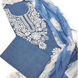 Women Designer Lucknowi Embroidered Work Pure Cotton Unstitched Salwar Suit Dress Material with Printed Chiffon Dupatta (Free size)-image-70