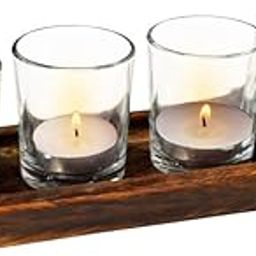 Pure Source India Glass Votive Tealight Candle Holders with Wooden Tray for Home Decore, Diwali Gifting, Living Room (Clear)-52