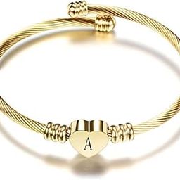 Golden Stainless Steel Heart Name Initials/Letters Cuff Bracelet for Girls/Women- Gold Plated A-Z Personalized Name Letter Heart Bracelet-picture-2