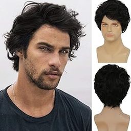 VIEWS Mens Short Black Wigs Layer Wavy Wigs for Men Natural Synthetic Hair Wig for Man Men Guy Cosplay Anime Party Costume Anime-image-77