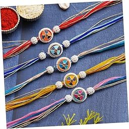 Set of 5 Multicolor Floral Pearls Designer Rakhis for Brother, Bhabhi, Kids with Roli Chawal Pack-13