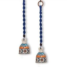 Shopping Shots Flora Ethnic Festive Ceramic Bell Hand Painted with Macrame Rope- Set of 2 Blue Colour with Ceramic Hand Painted Hooks-image-34