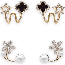Nextcart 2 Pairs Combo - Crystal Star Clover Twist Stud | White Pearl Drop Flower - Gold Plated Korean Earrings Set For Women And Girls Stylish-18