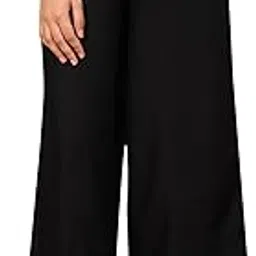 w for woman Black Solid Rayon Parallel Pants with Embellished Organza Hemline-picture-32