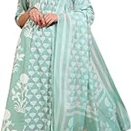 Women's Cotton Floral Printed V-Neck 3/4TH Sleeve Calf Length Anarkali Kurta With Pant & Dupatta-image-7