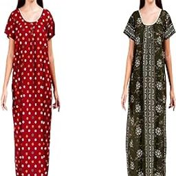 Pure Cotton Short Sleeve Regular Nighty Rajasthani Nighty Gown Jaipuri Nighty Jaipuri Gown Maxi Nighty Gown (Pack of 2 pcs) Maroon-image-1