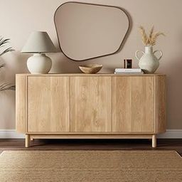 Quick Artsy Modern Wooden Sideboard Cabinet with 3 Doors – Natural Finish Storage Contemporary Buffet Unit for Living Room, Dining Room, or Entryway-image-120