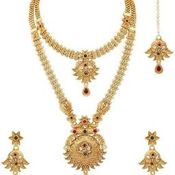 Traditional Long Necklace and Short Necklace Combo - Temple Jewellery Set with Earrings and Maangtikka| Bridal Jewellery | Ideal for Weddings and Festive Occasions-4