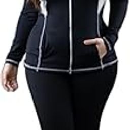 Women's Longsleeves Zippered Padded Rashguard 2-Piece Plus Size Swimset (Black & White)-picture-6