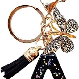 Cute Initial Letter Keychains for Women Girls Tassel Butterfly Black Keychain for Backpack School Bag-image-31