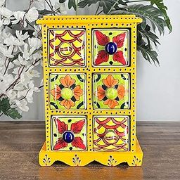 Handcrafted Bright Yellow Wooden and Ceramic Drawer Chest with Traditional Patterns for Home and Kitchen Decor-image-36