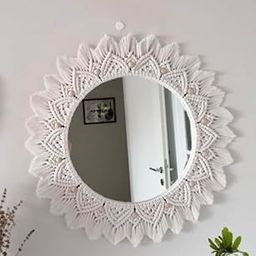 GUL DECOR | Handmade Cotton Macrame Wall Hanging Mirror with Boho Fringes, Bohemian Art Decorative Aina for Make-Up, Dressing, Living Room, Bedroom, Off-White, Dia 18 Inches, Style 23-picture-23