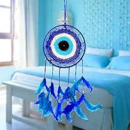 VASTU ART - Vastu Feng Shui Evil Eye 6 Inch Single Ring White & Blue Dream Catcher Feather Wall Decor Wall Hanging for Good Dreams and Remove Out Side Negative Energy Decoration Showpiece-image-38