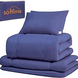 Softime Futon Set, Double, 5-piece Set, Filling, 4.4 lbs (2.0 kg) Comforter, High Density Solid Cotton, Triple Layer Matton, 2 Fluffy Pillows, Convenient Storage Case, Comforter Set for Guests, SEK-21