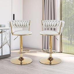 Creative Barstool/Kitchen Chairs 360 Degree Rotatable Swivel Elegant Classy & Comfortable Chair with Golden Base and Velvet Fabric (Pack of 2) (White)-image-12