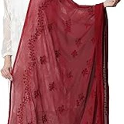Women's Embroidered Maroon Chiffon Dupatta With Pom Pom Lace, free size-25