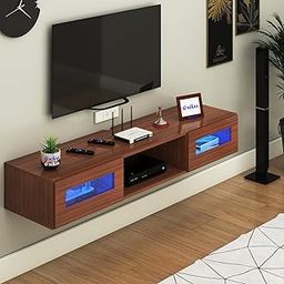 FURNIWUD Orilo Wall Mount Modern Floating TV Unit for Living Room with 3 Storage Cabinet & Blue LED Light | Ideal for UP to 55 Inch TV (Walnut Finish - DIY Installation)-image-45