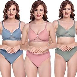 Set of 3 Women's Cotton Printed Padded Bra & Panty Set | Sexy Lingerie Set for Bridal | Honeymoon Bikini Set for Girls & Women - Adjustable Straps (U)-picture-25