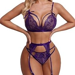 Women Lingerie Set Lace Teddy Strap Babydoll Bodysuit Bra Panty Lingerie with Garter Belts and Black Stocking-image-75