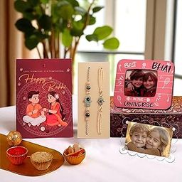 Art Street Rakshabandhan Photo Frame Gift Hamper for Brother, Gift Box with Greeting Card, 2 Fridge Magnets Photo Frame, Hamsa Rakhi with Roli Tikka Set for Celebrate Raksha Bandhan-image-72