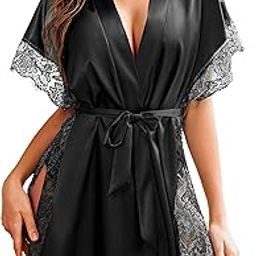 Lingerie for Women Satin Sleeping Robe Eyelash Lace Kimono Side Split Sexy Silk Robes-image-21